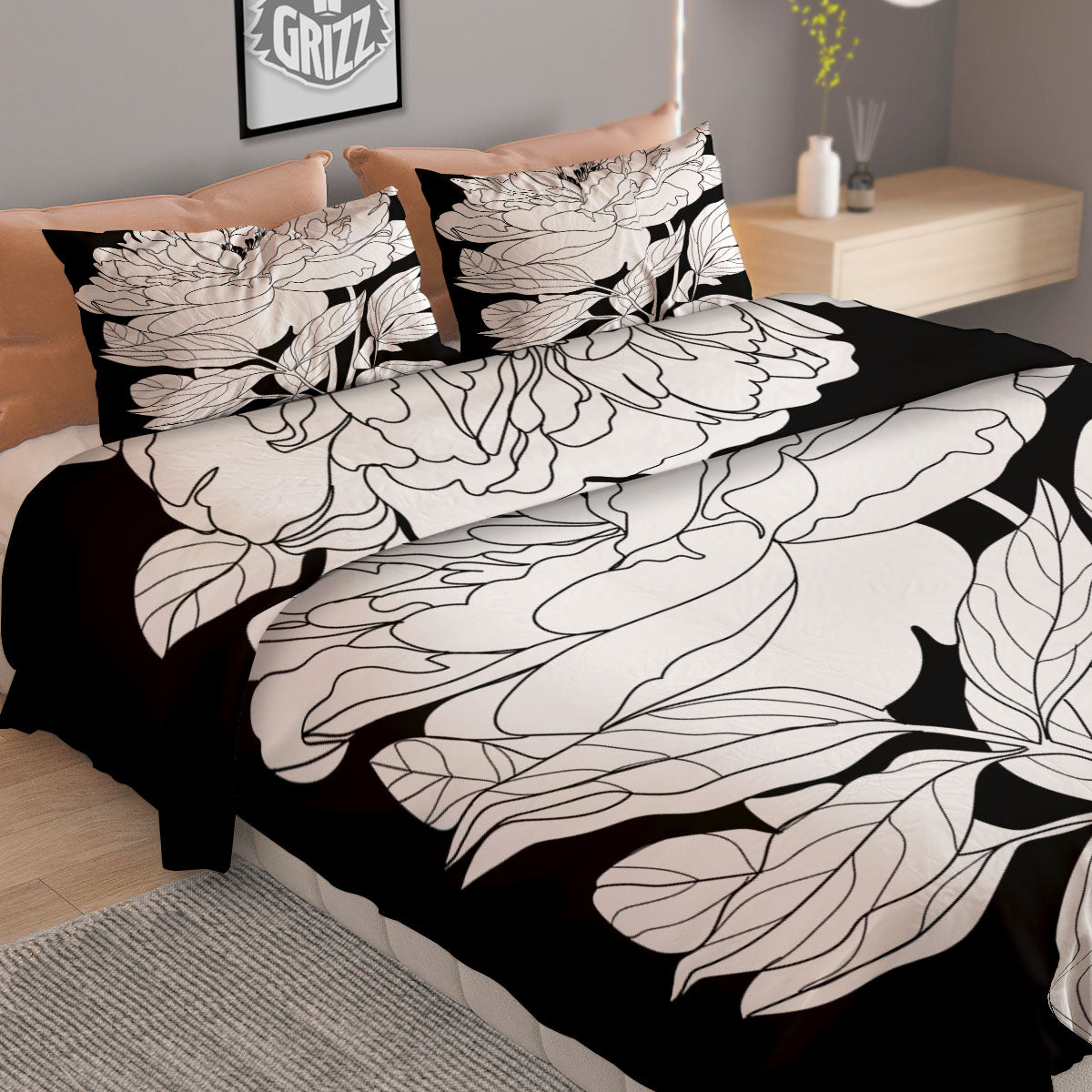 Flower White And Black Print Duvet Cover Bedding Set-grizzshop