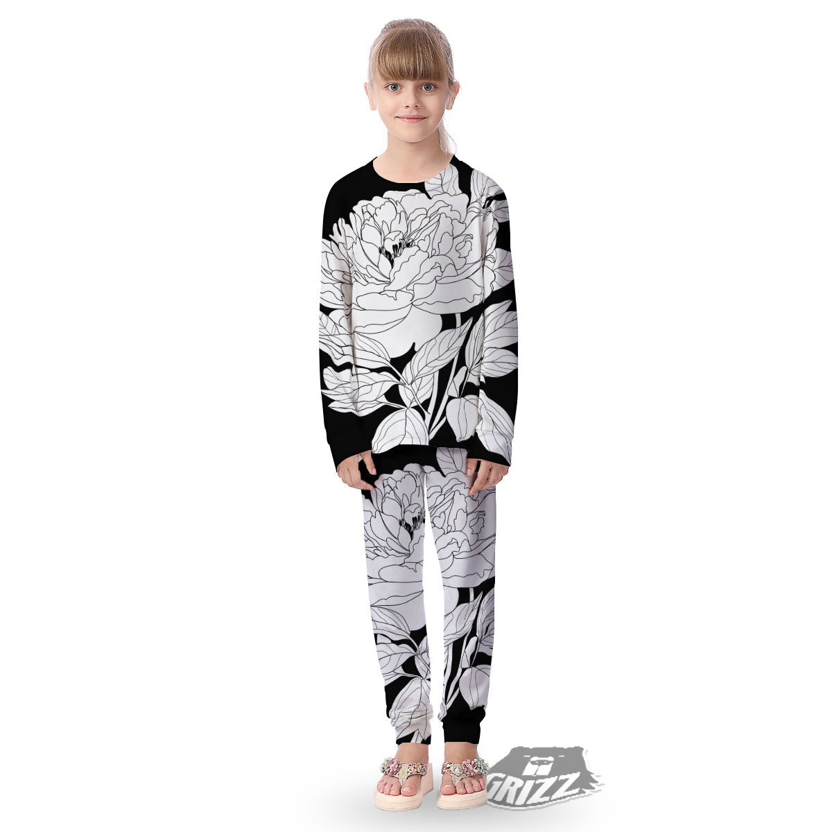 Flower White And Black Print Kid's Pajamas-grizzshop