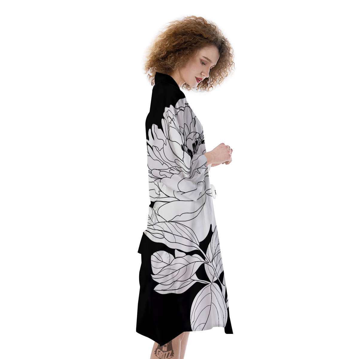 Flower White And Black Print Kimono-grizzshop