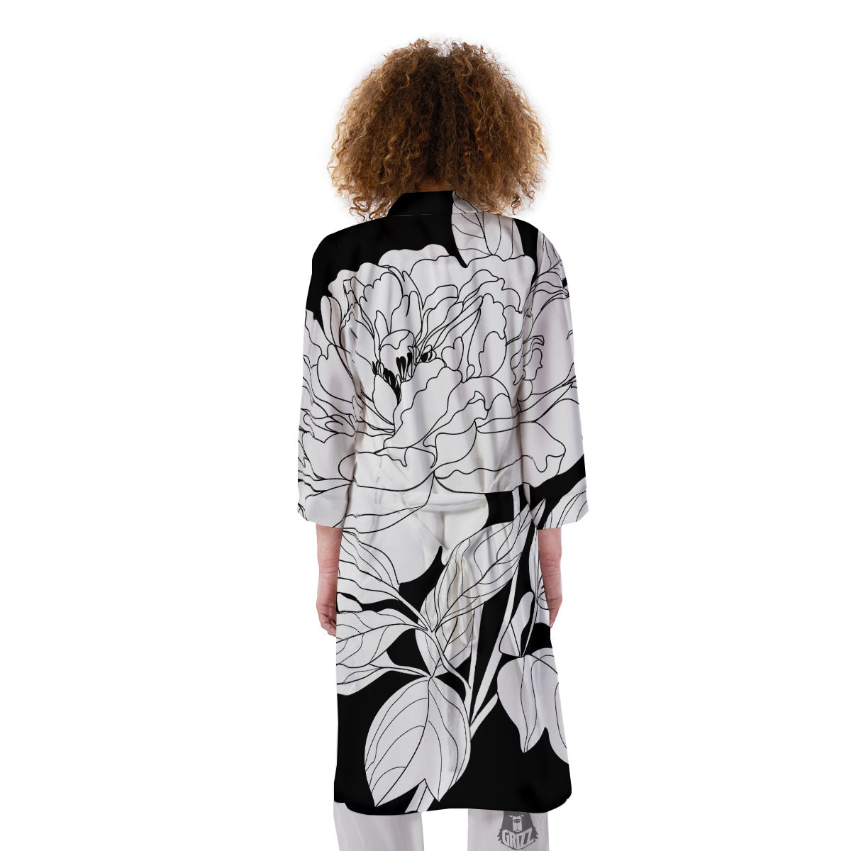 Flower White And Black Print Kimono-grizzshop