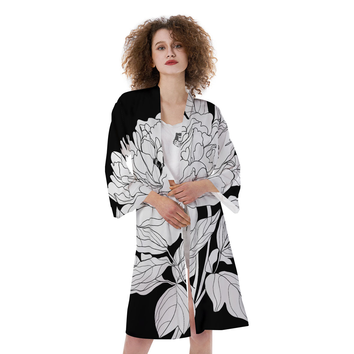 Flower White And Black Print Kimono-grizzshop