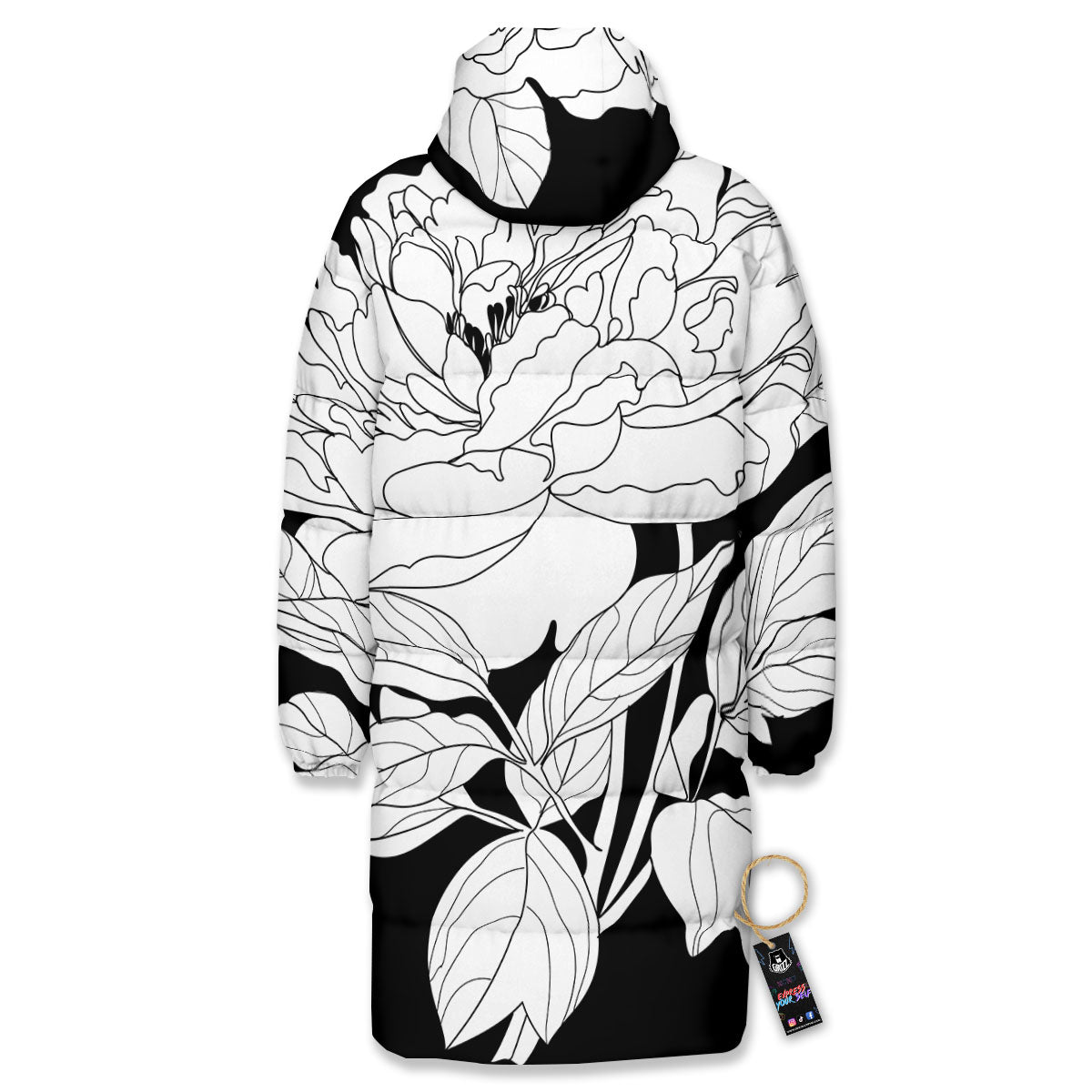 Flower White And Black Print Long Down Jacket-grizzshop