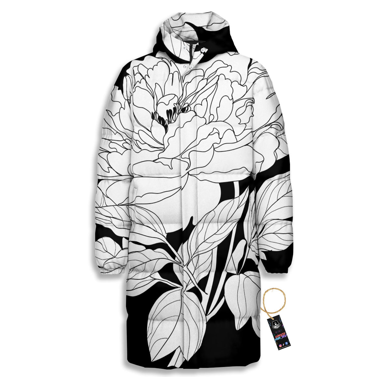 Flower White And Black Print Long Down Jacket-grizzshop