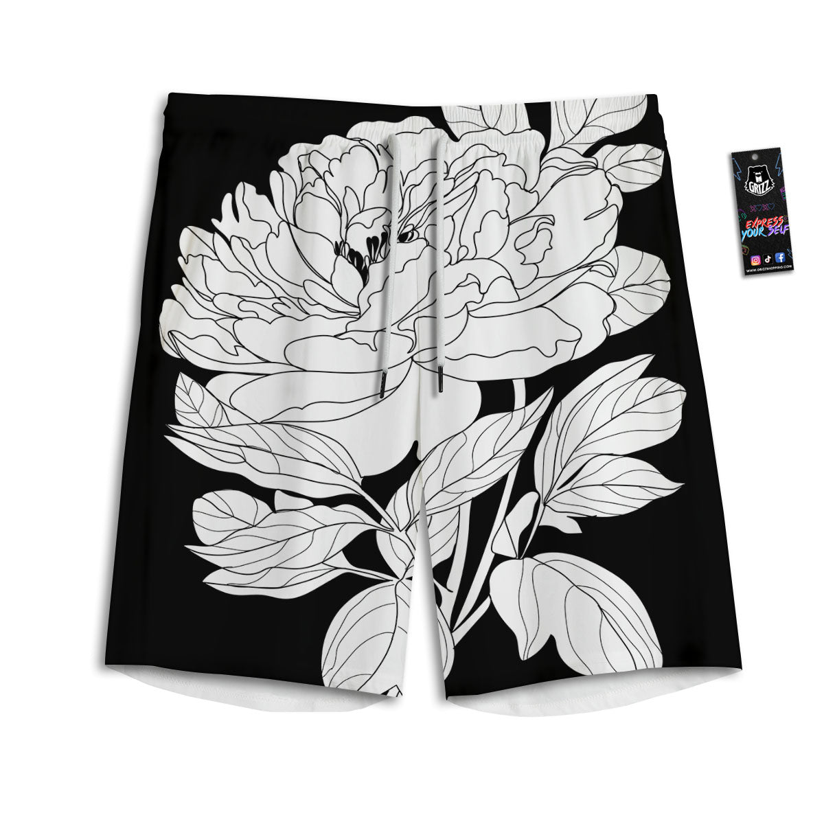 Flower White And Black Print Men's Athletic Shorts-grizzshop