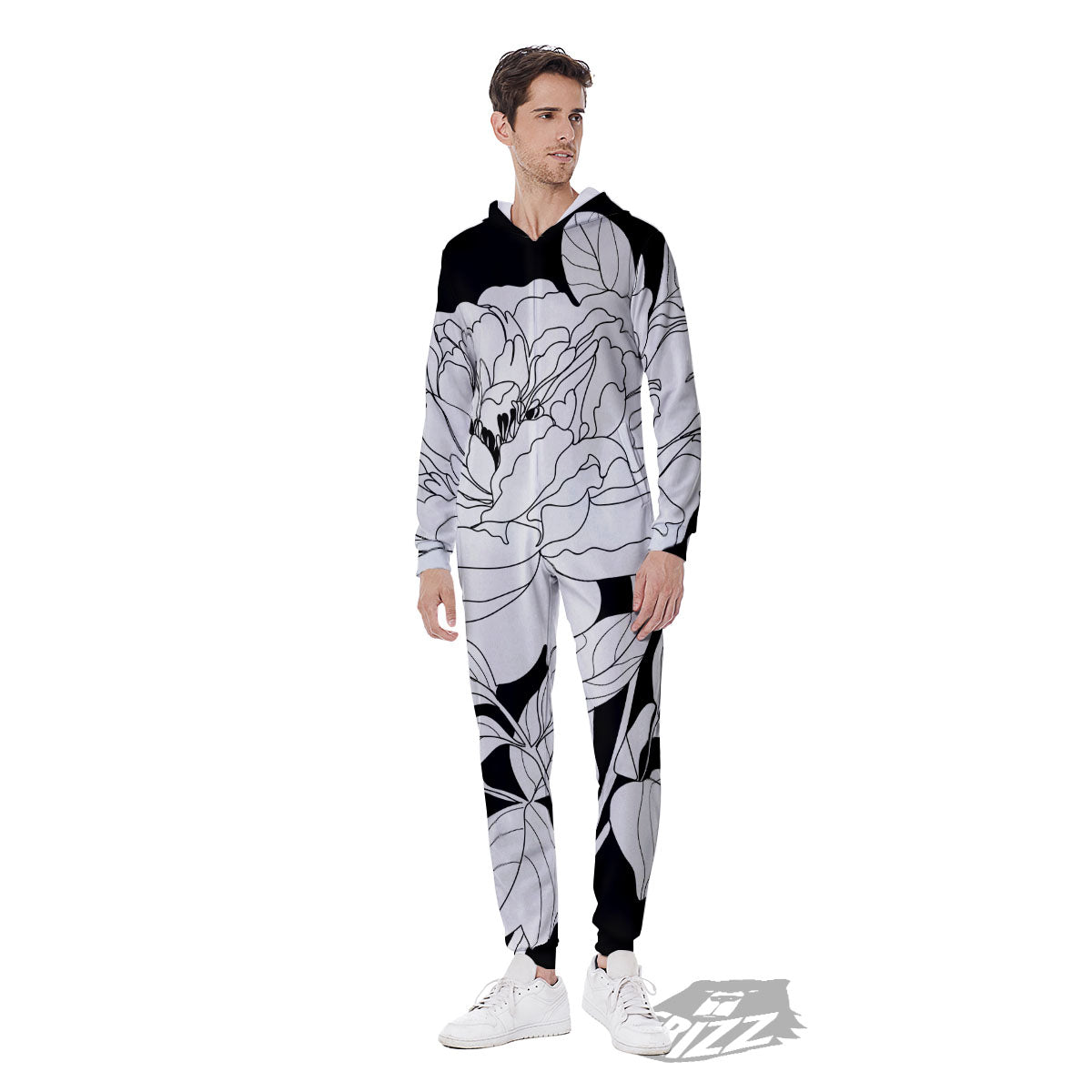 Flower White And Black Print Men's Jumpsuit-grizzshop