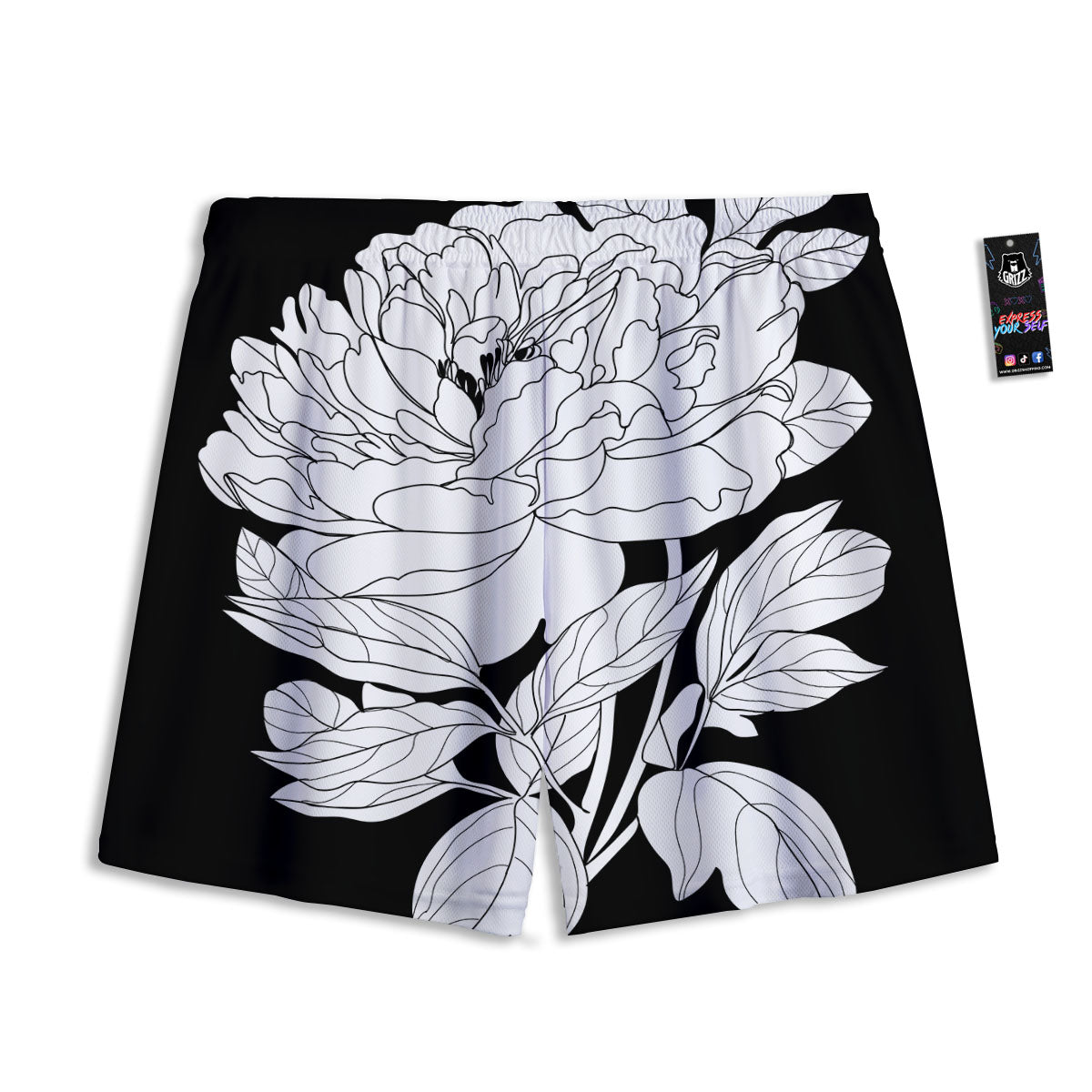 Flower White And Black Print Mesh Shorts-grizzshop