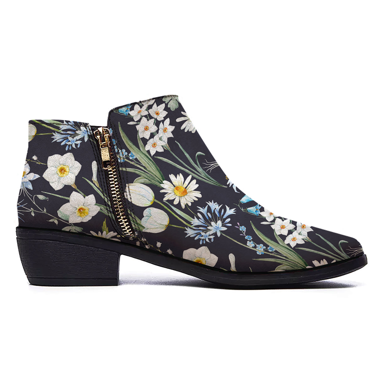 Flower White Daffodil Print Pattern Ankle Boots-grizzshop
