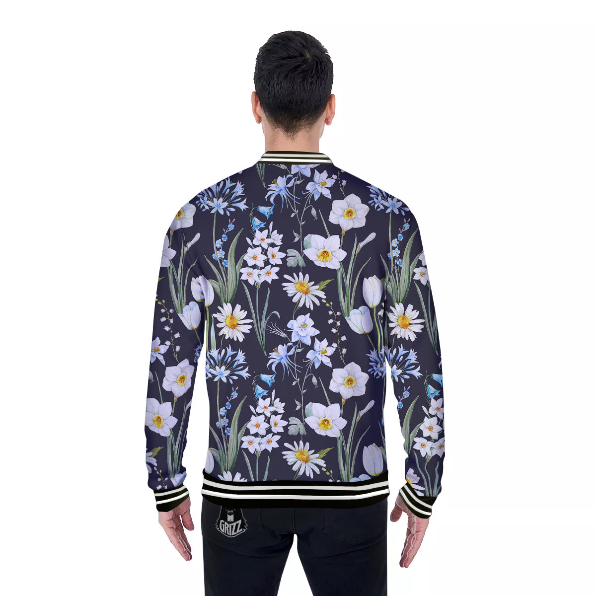 Flower White Daffodil Print Pattern Baseball Jacket-grizzshop