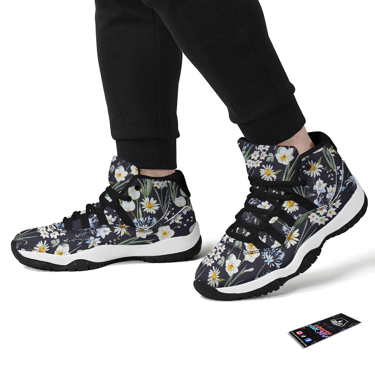 Flower White Daffodil Print Pattern Black Bball Shoes-grizzshop