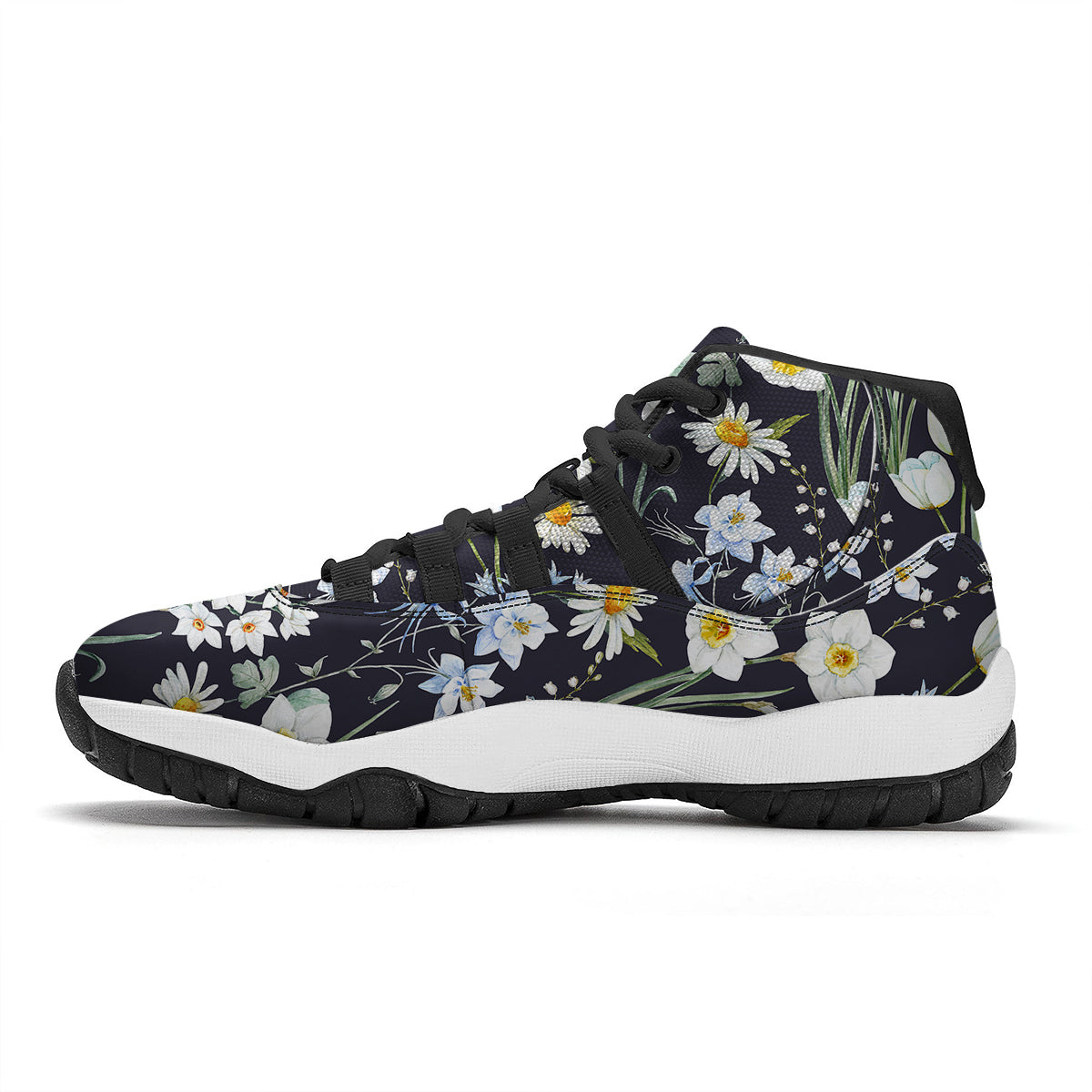 Flower White Daffodil Print Pattern Black Bball Shoes-grizzshop