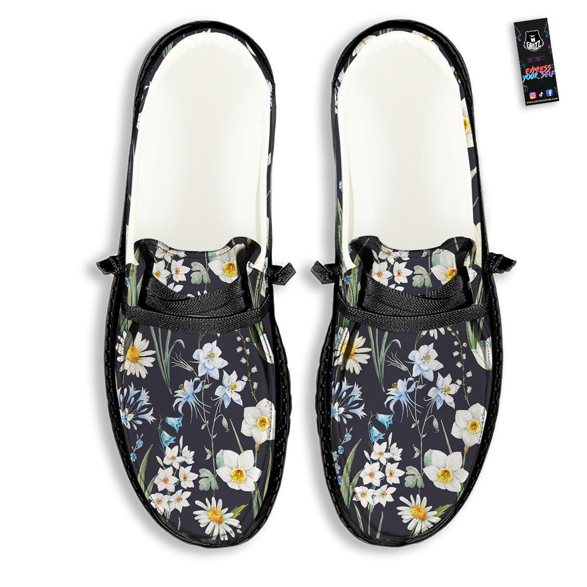 Flower White Daffodil Print Pattern Black Loafers-grizzshop