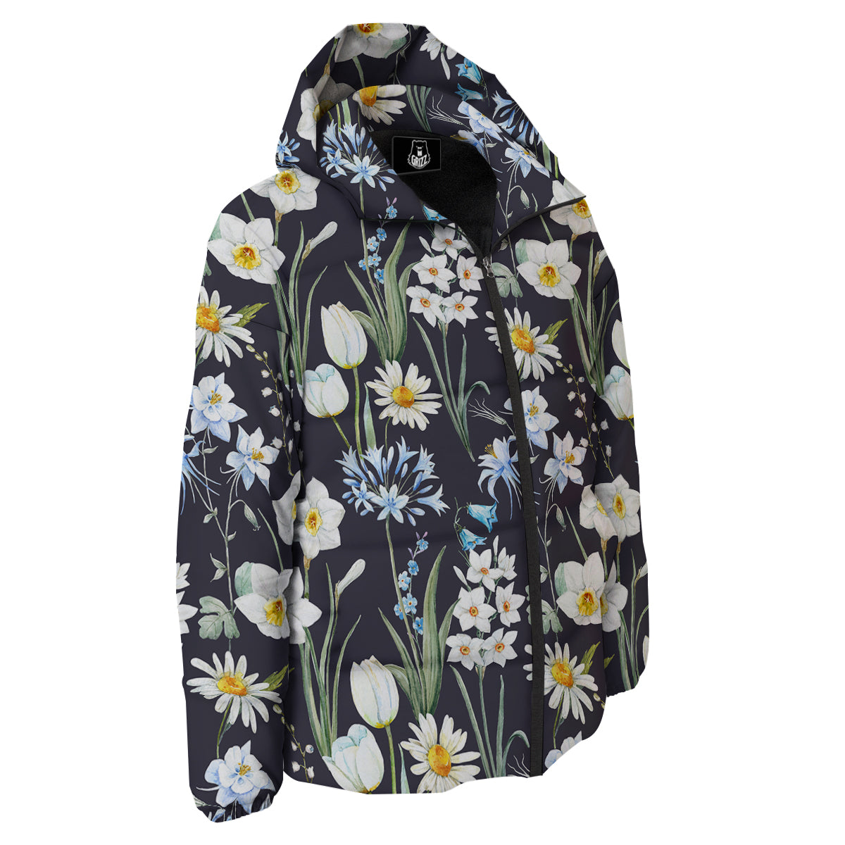 Flower White Daffodil Print Pattern Down Jacket-grizzshop