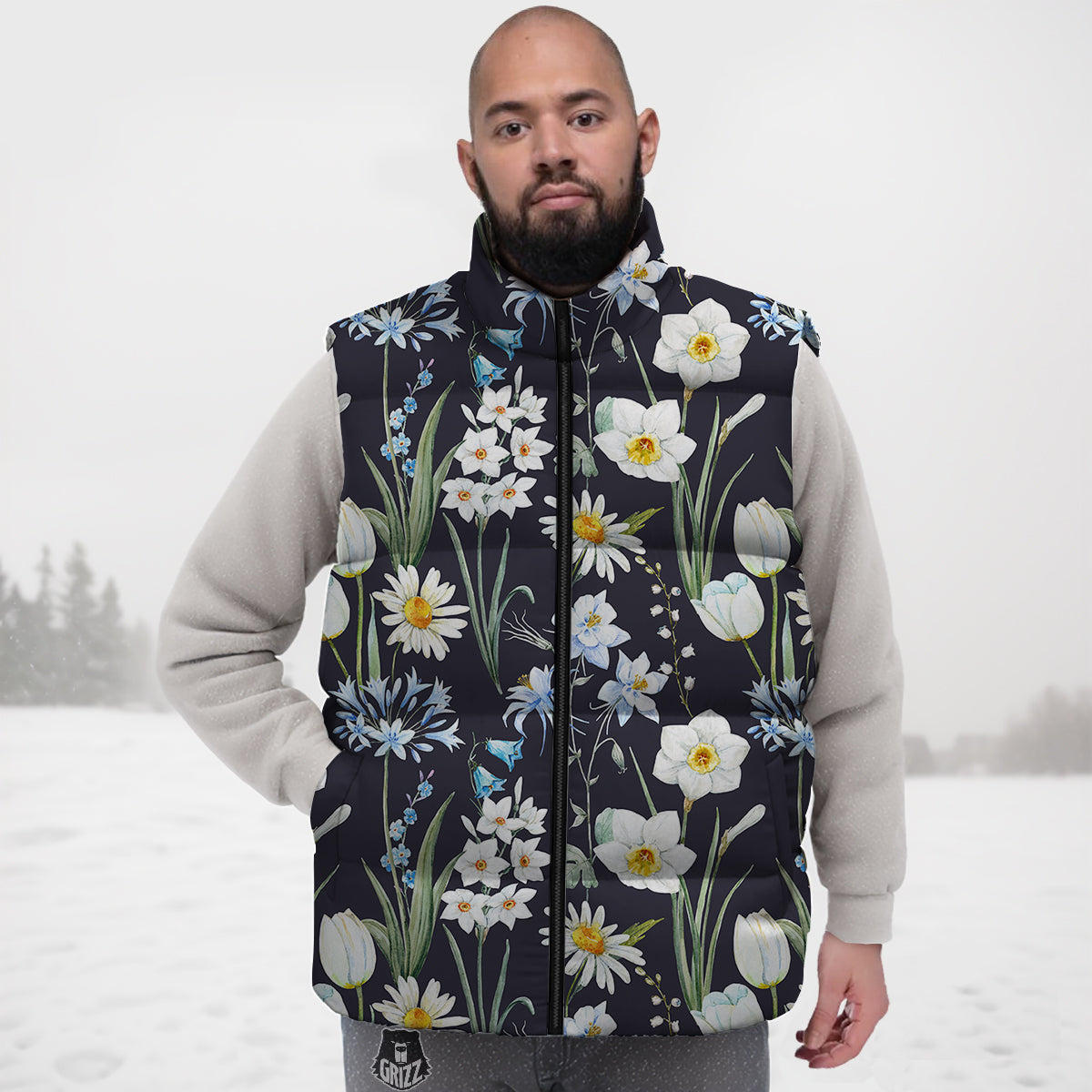Flower White Daffodil Print Pattern Down Vest-grizzshop