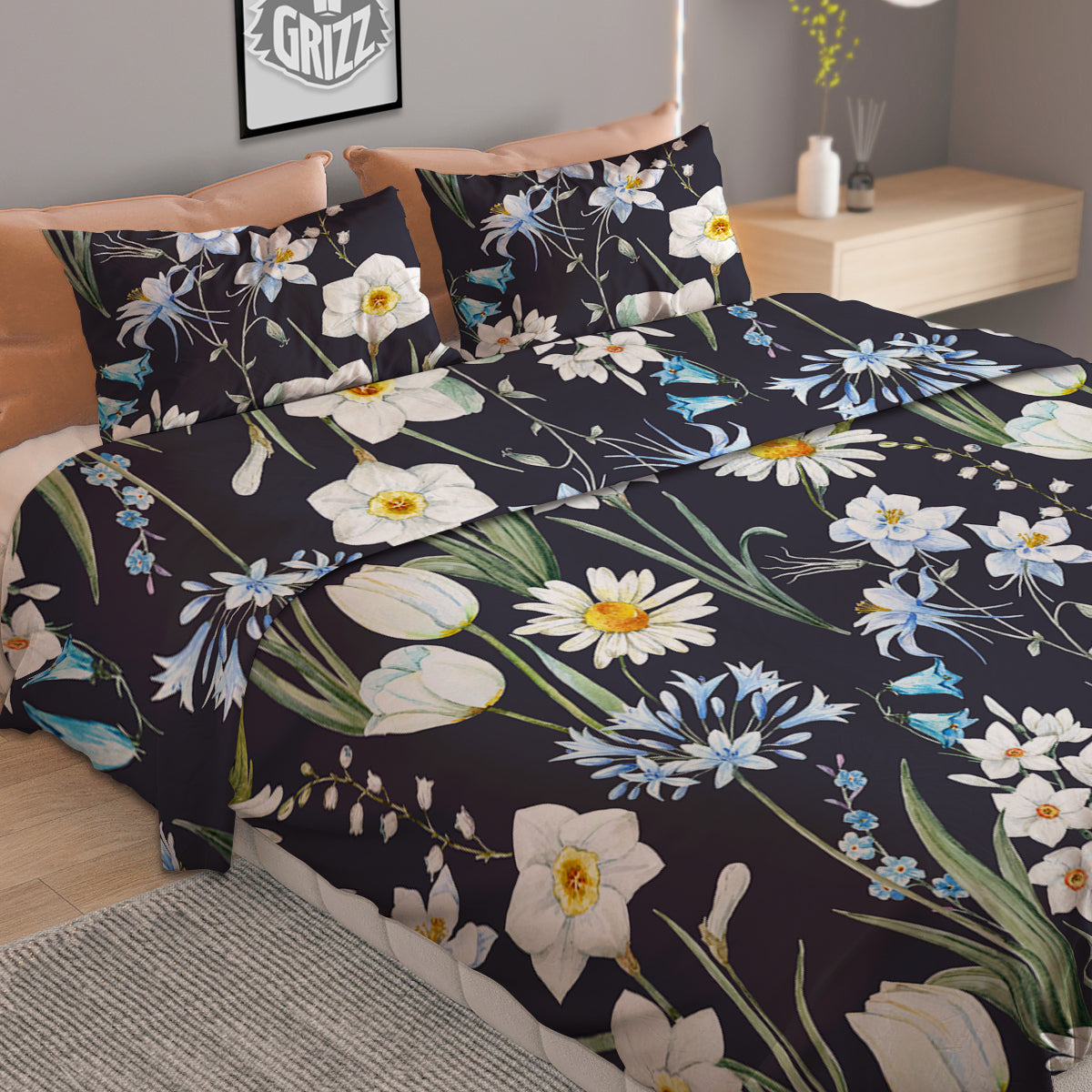 Flower White Daffodil Print Pattern Duvet Cover Bedding Set