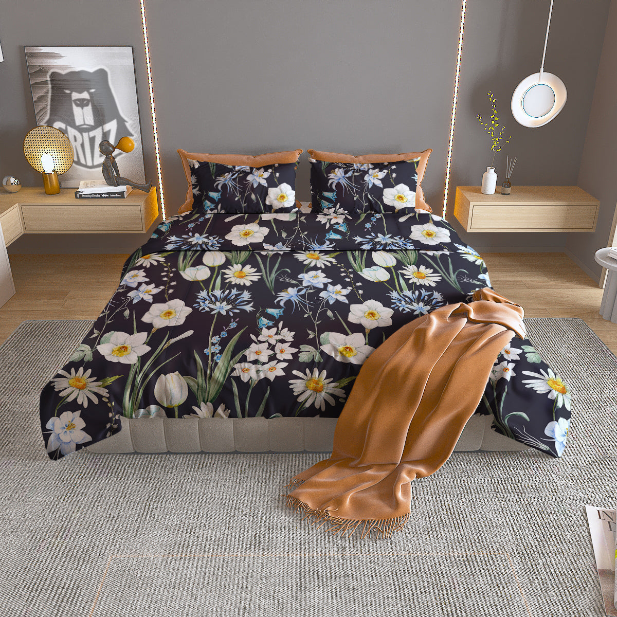Flower White Daffodil Print Pattern Duvet Cover Bedding Set