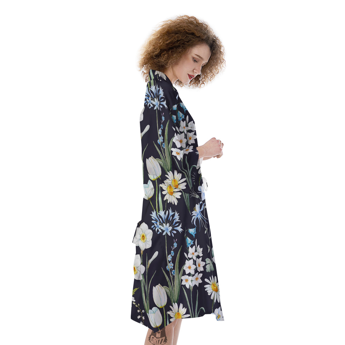 Flower White Daffodil Print Pattern Kimono-grizzshop
