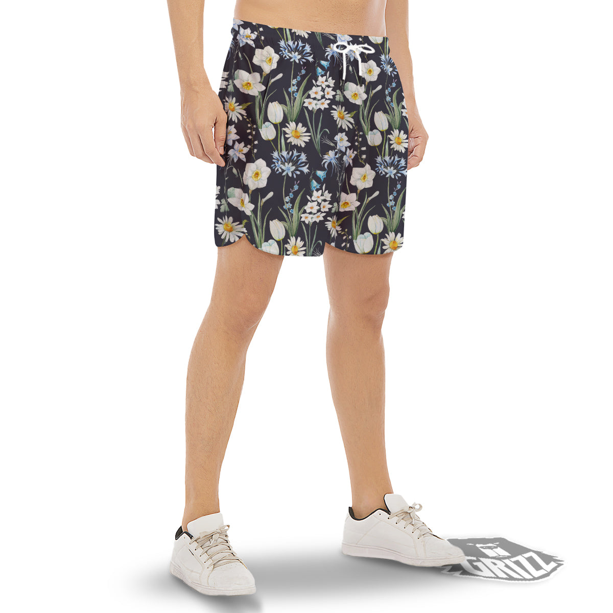 Flower White Daffodil Print Pattern Men's Gym Shorts-grizzshop