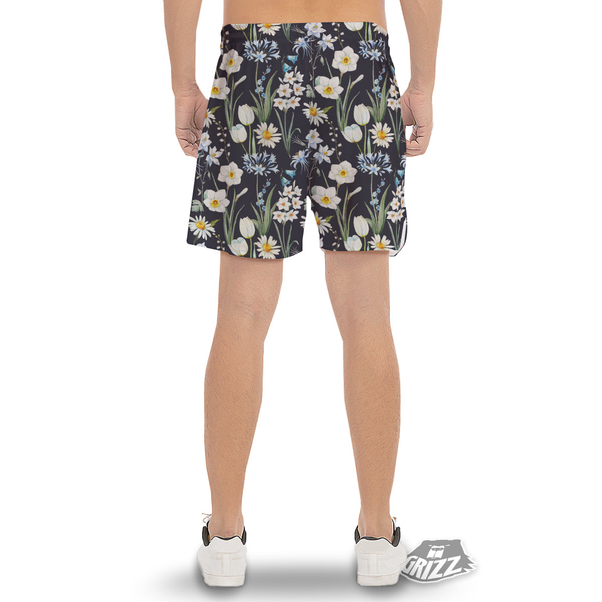 Flower White Daffodil Print Pattern Men's Gym Shorts-grizzshop