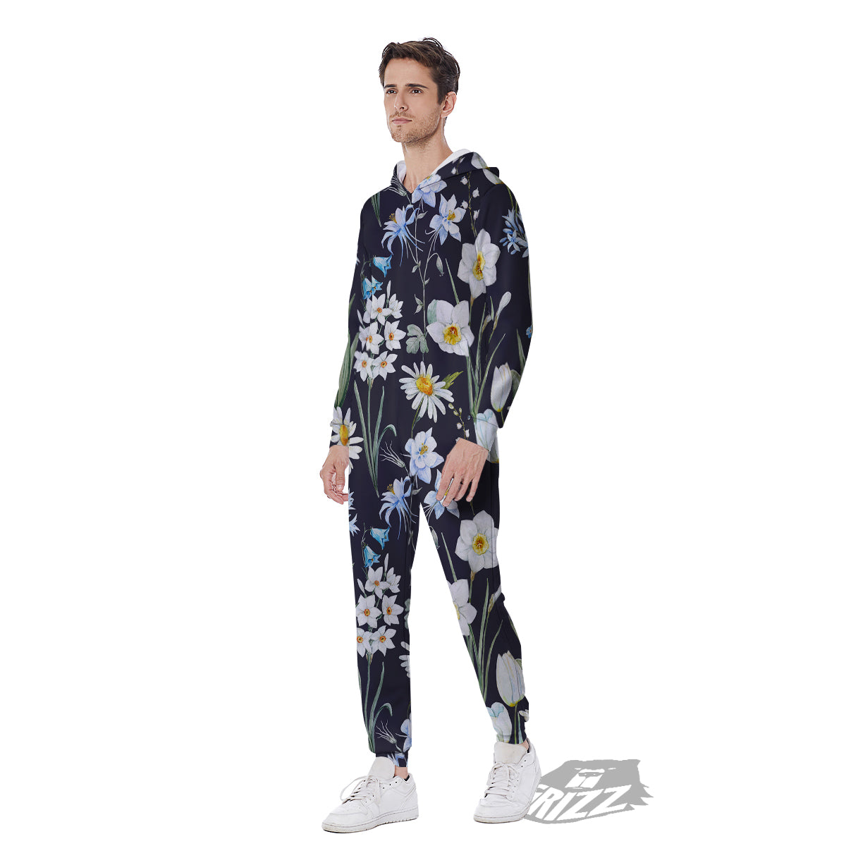Flower White Daffodil Print Pattern Men's Jumpsuit-grizzshop