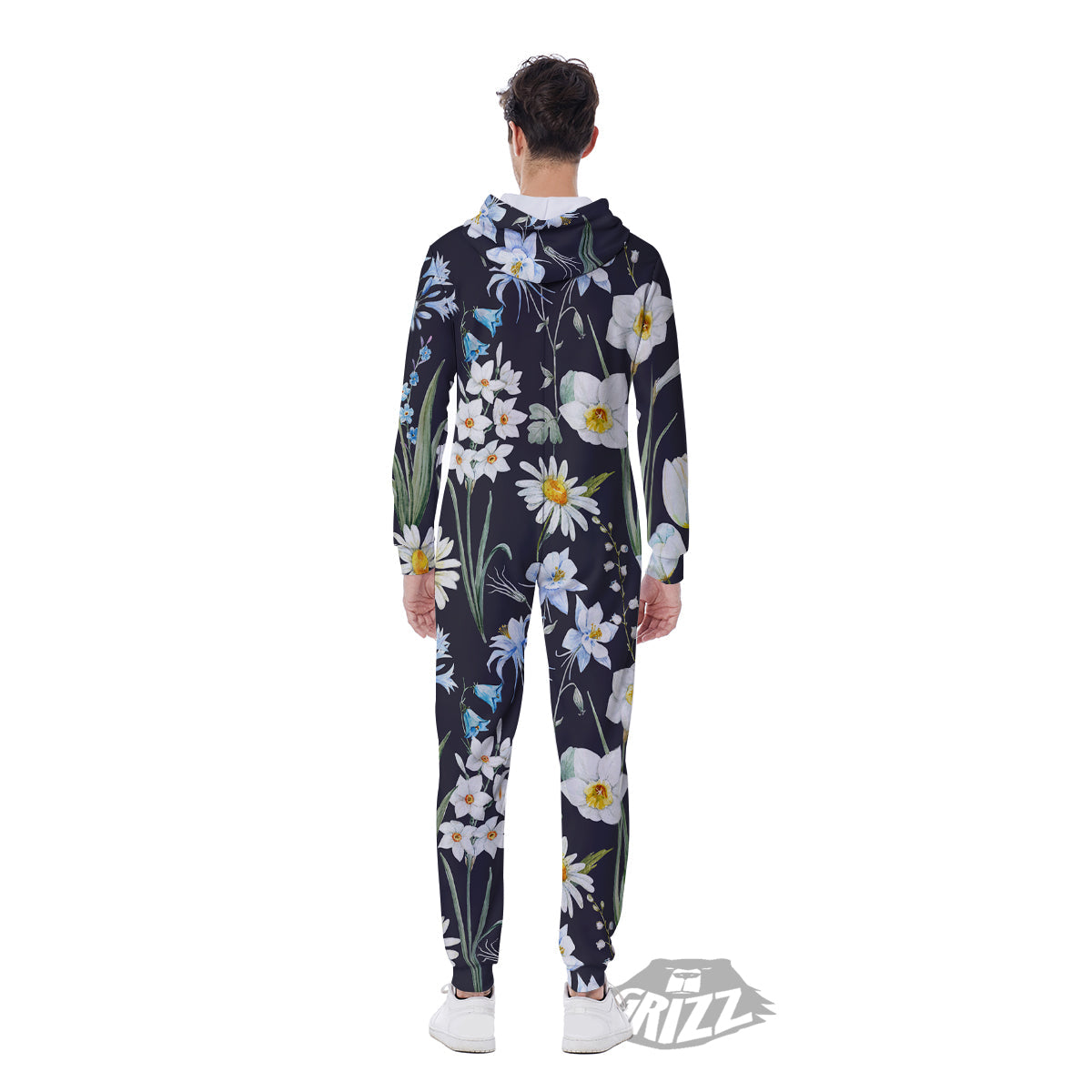 Flower White Daffodil Print Pattern Men's Jumpsuit-grizzshop