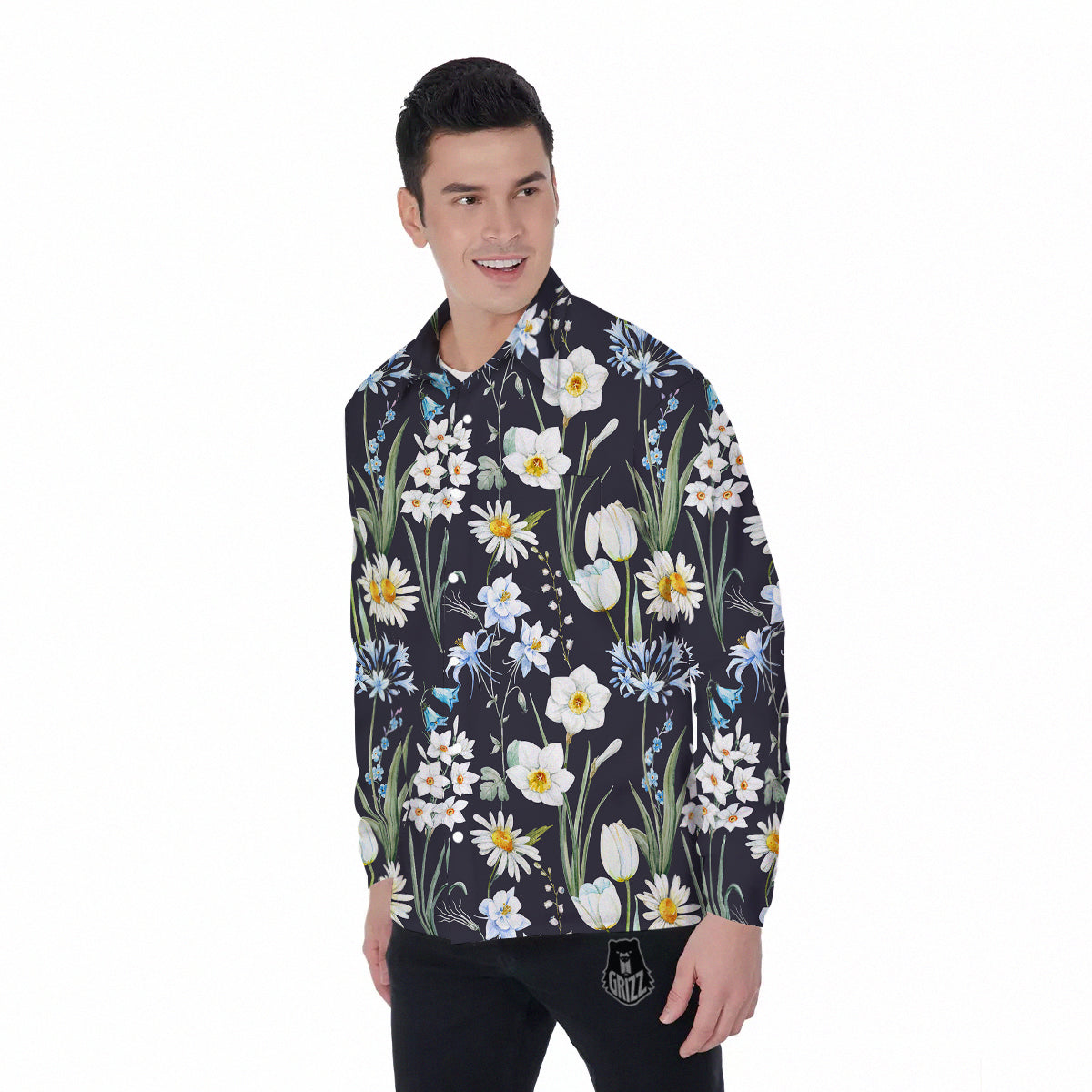 Flower White Daffodil Print Pattern Men's Long Sleeve Shirts-grizzshop
