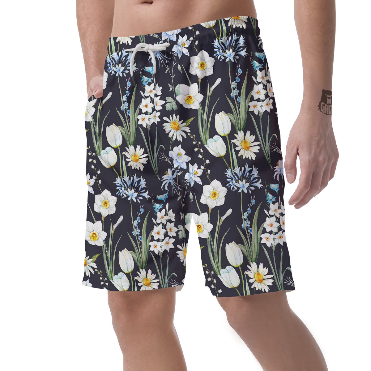 Flower White Daffodil Print Pattern Men's Shorts-grizzshop