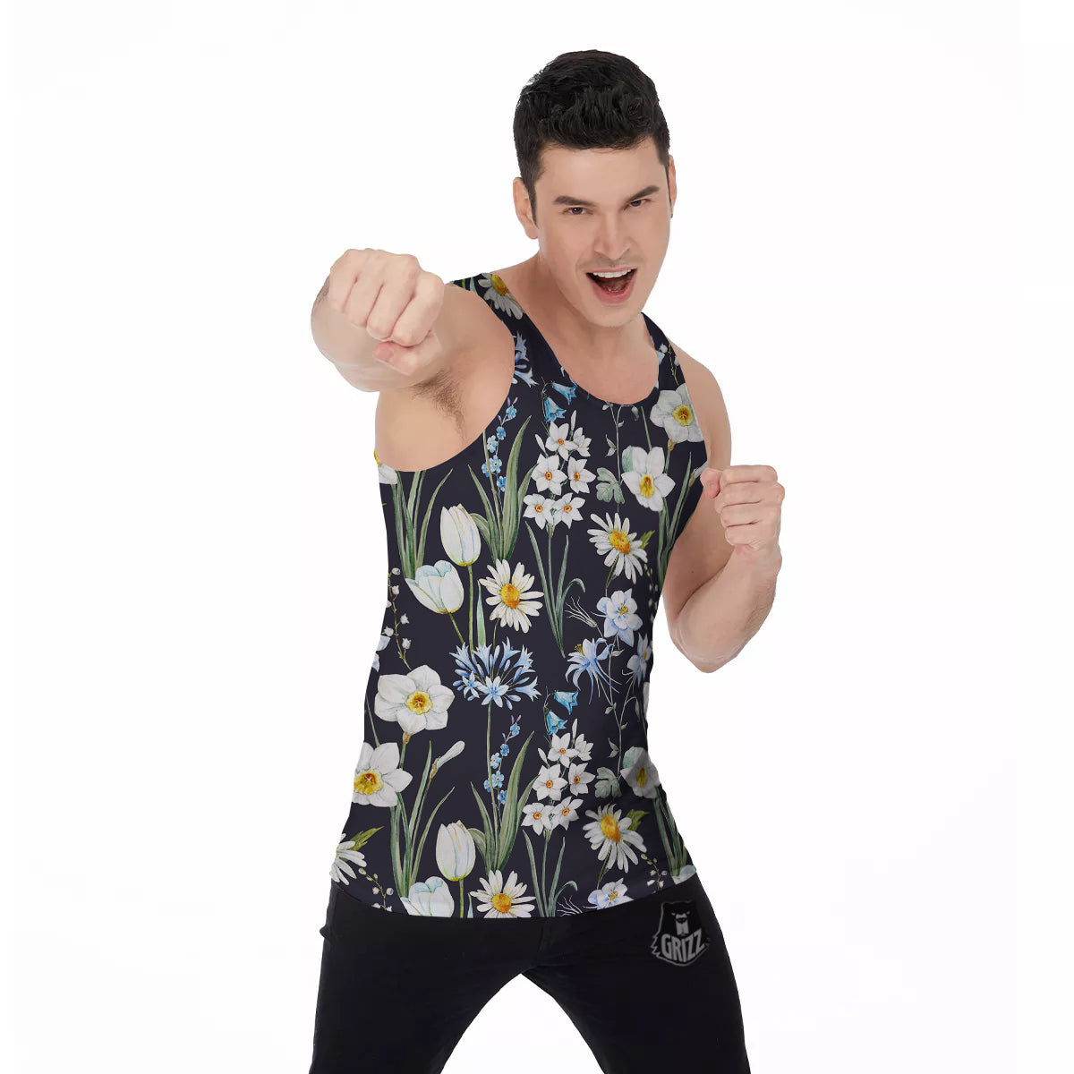 Flower White Daffodil Print Pattern Men's Tank Top-grizzshop