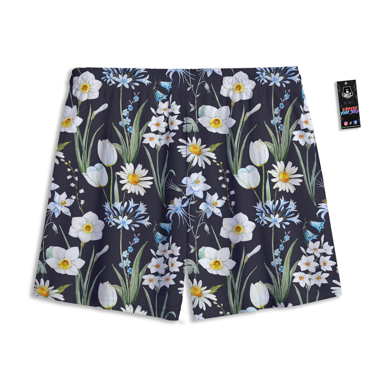 Flower White Daffodil Print Pattern Mesh Shorts-grizzshop