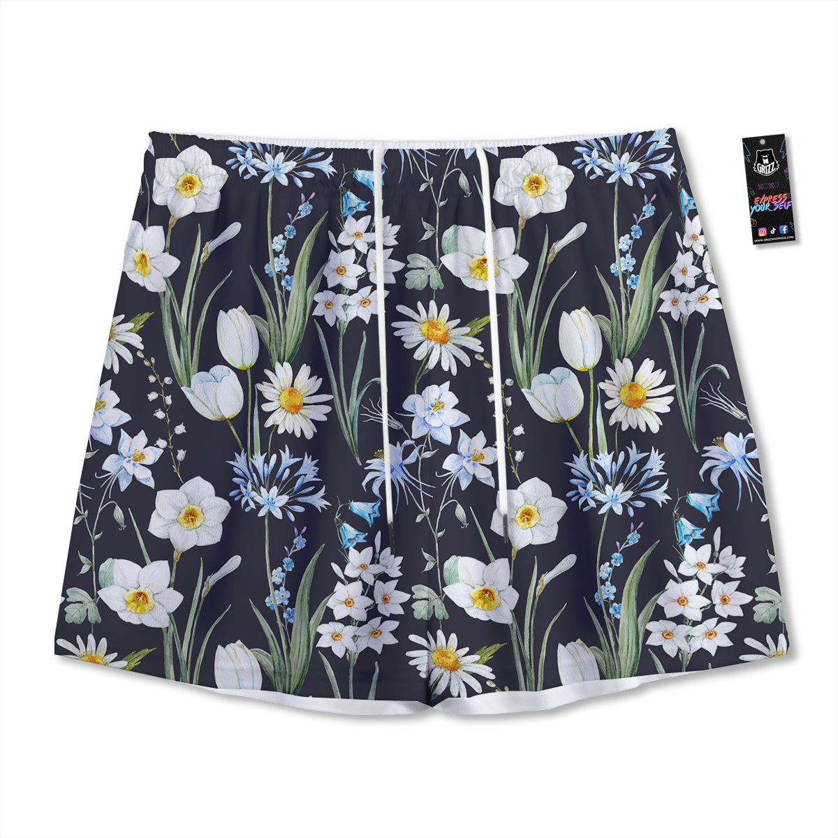 Flower White Daffodil Print Pattern Mesh Shorts-grizzshop