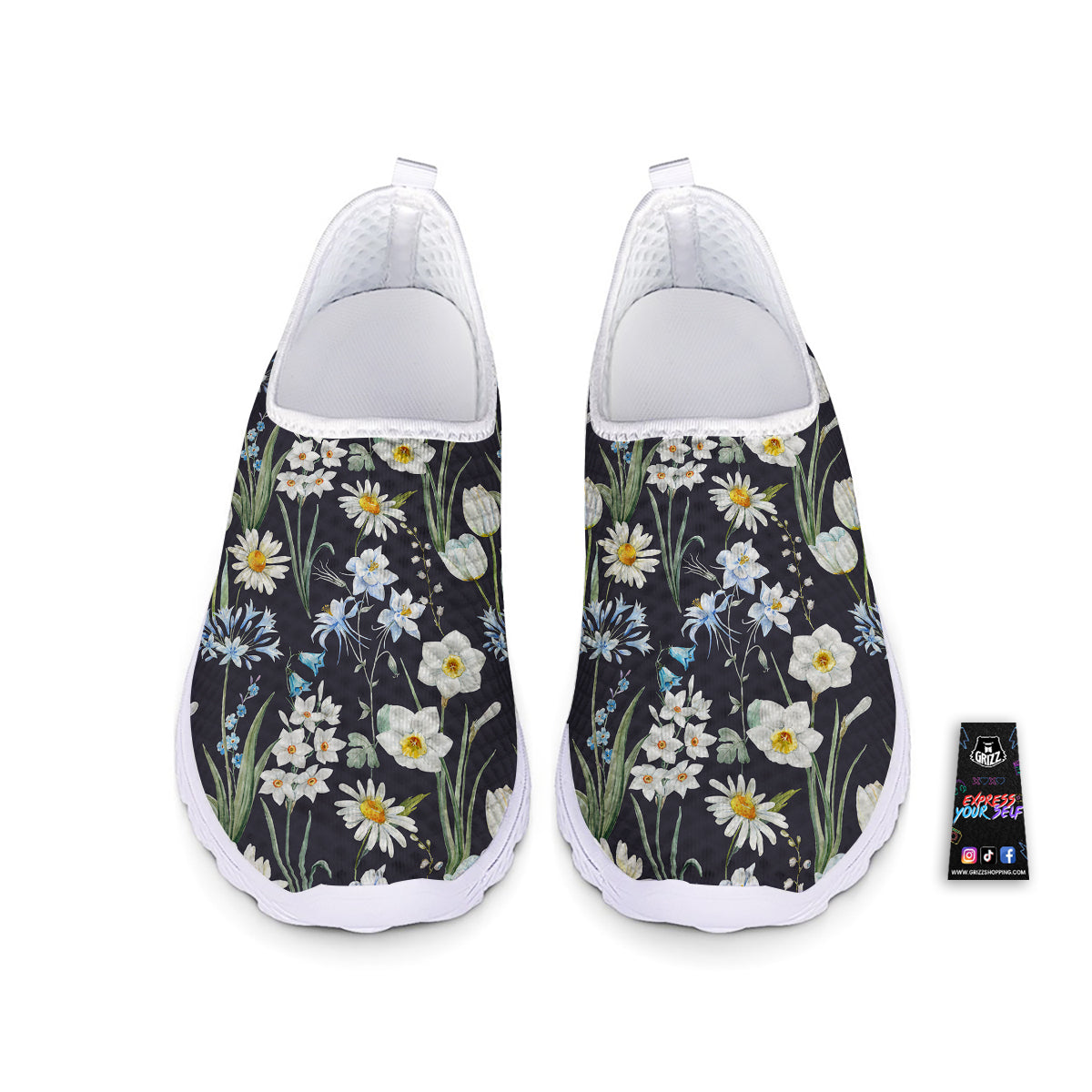 Flower White Daffodil Print Pattern Nurse Shoes-grizzshop