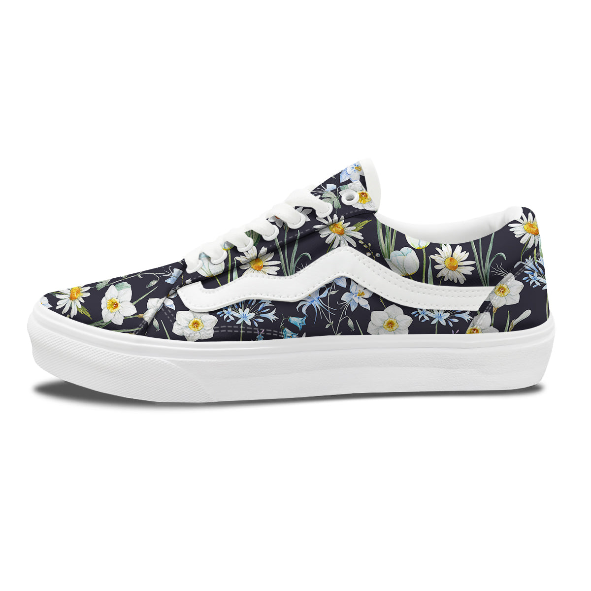 Flower White Daffodil Print Pattern Skate Shoes-grizzshop
