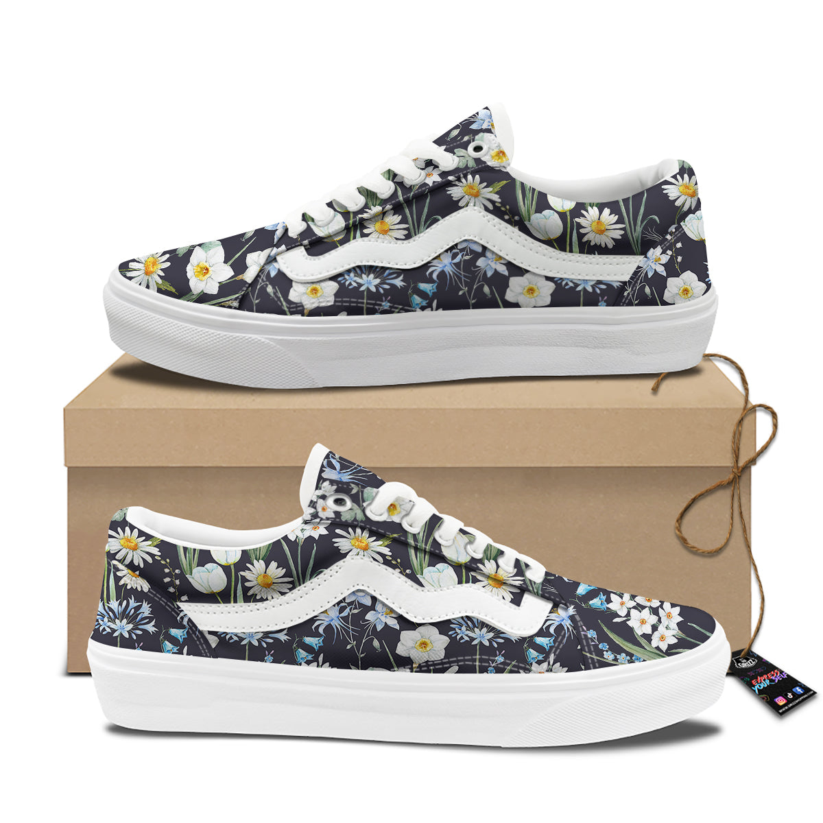 Flower White Daffodil Print Pattern Skate Shoes-grizzshop