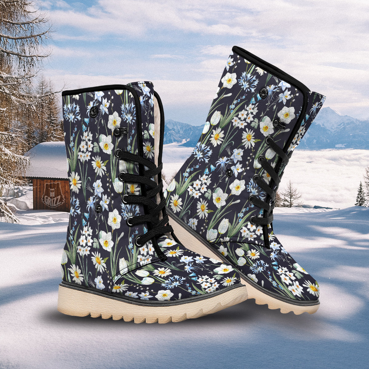 Flower White Daffodil Print Pattern Snow Boots-grizzshop