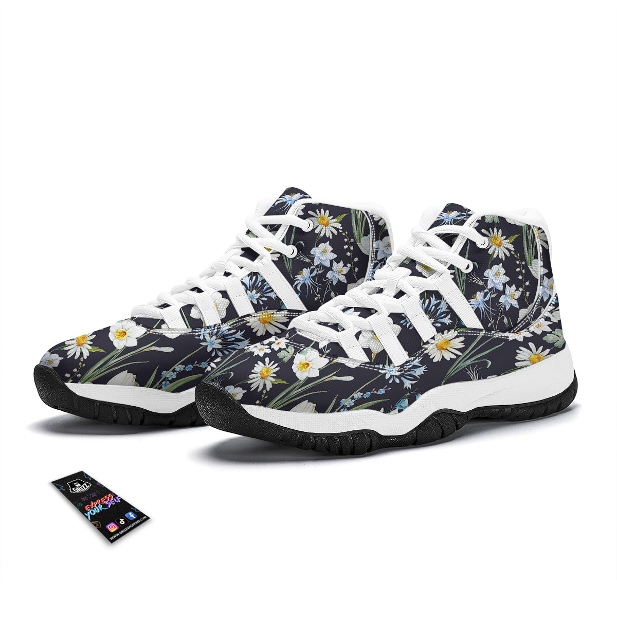 Flower White Daffodil Print Pattern White Bball Shoes-grizzshop