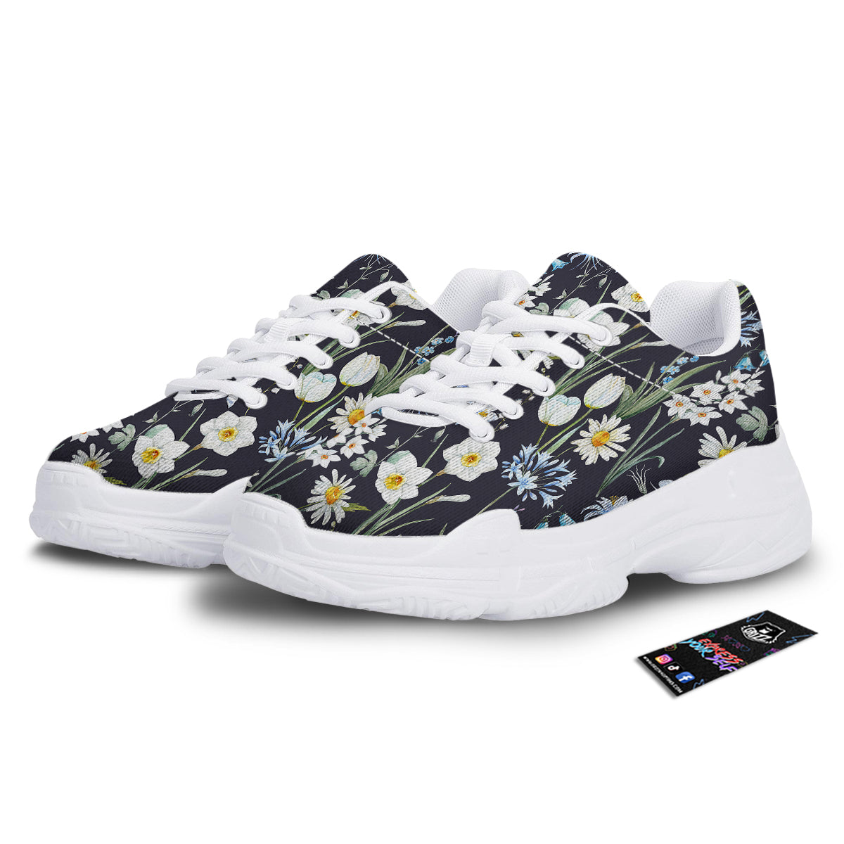 Flower White Daffodil Print Pattern White Chunky Shoes-grizzshop