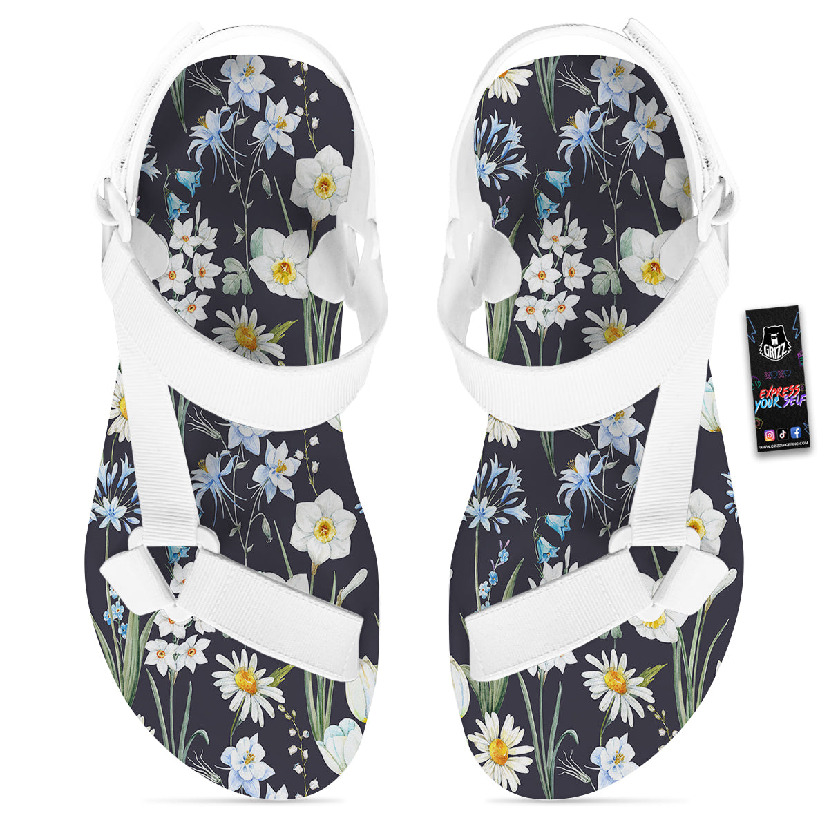 Flower White Daffodil Print Pattern White Open Toe Sandals-grizzshop