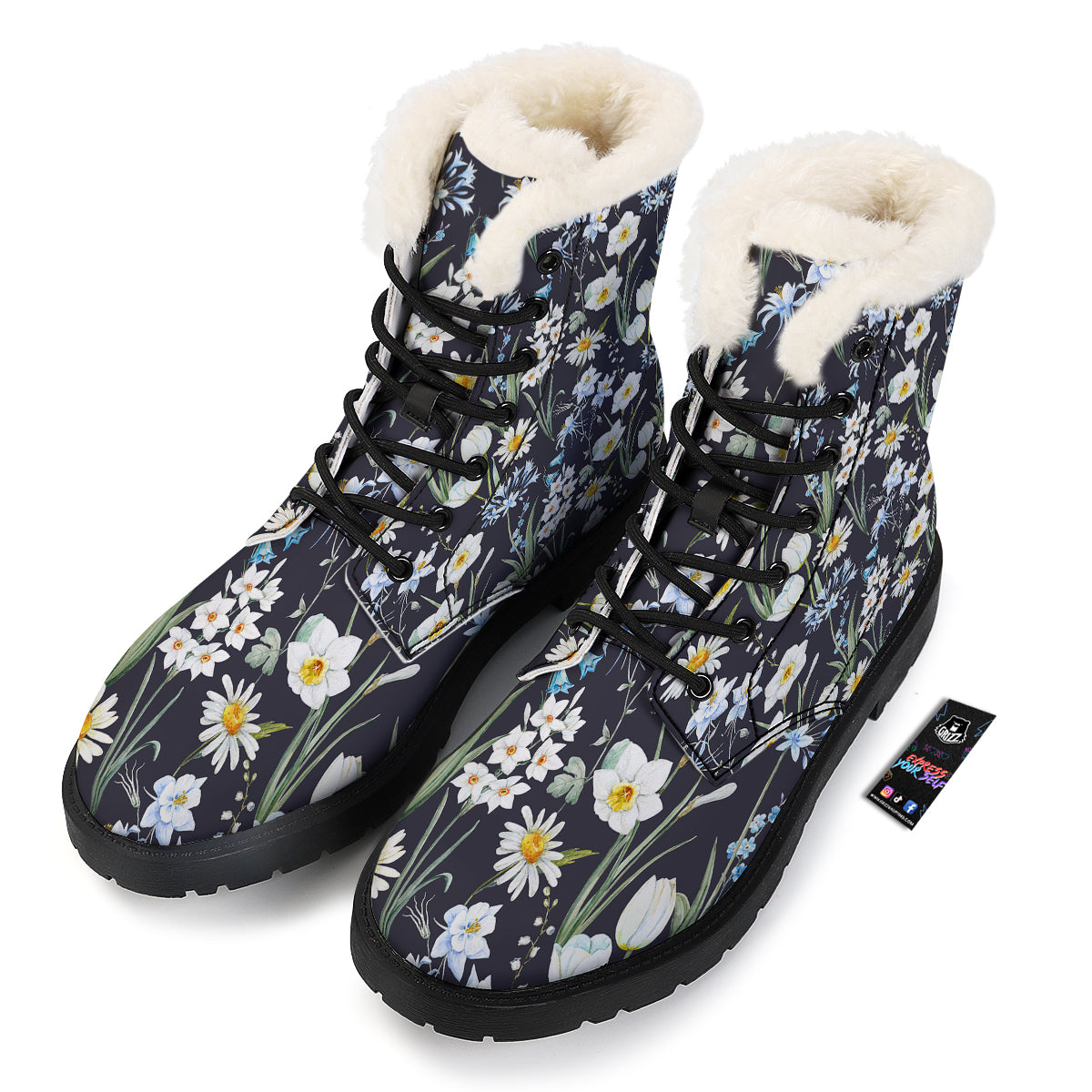 Flower White Daffodil Print Pattern Winter Boots-grizzshop