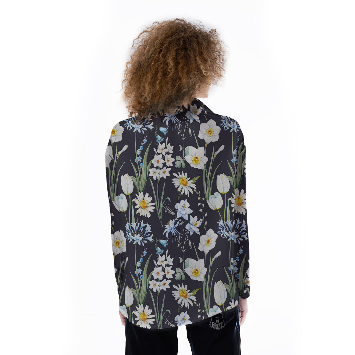 Flower White Daffodil Print Pattern Women's Long Sleeve Shirts-grizzshop