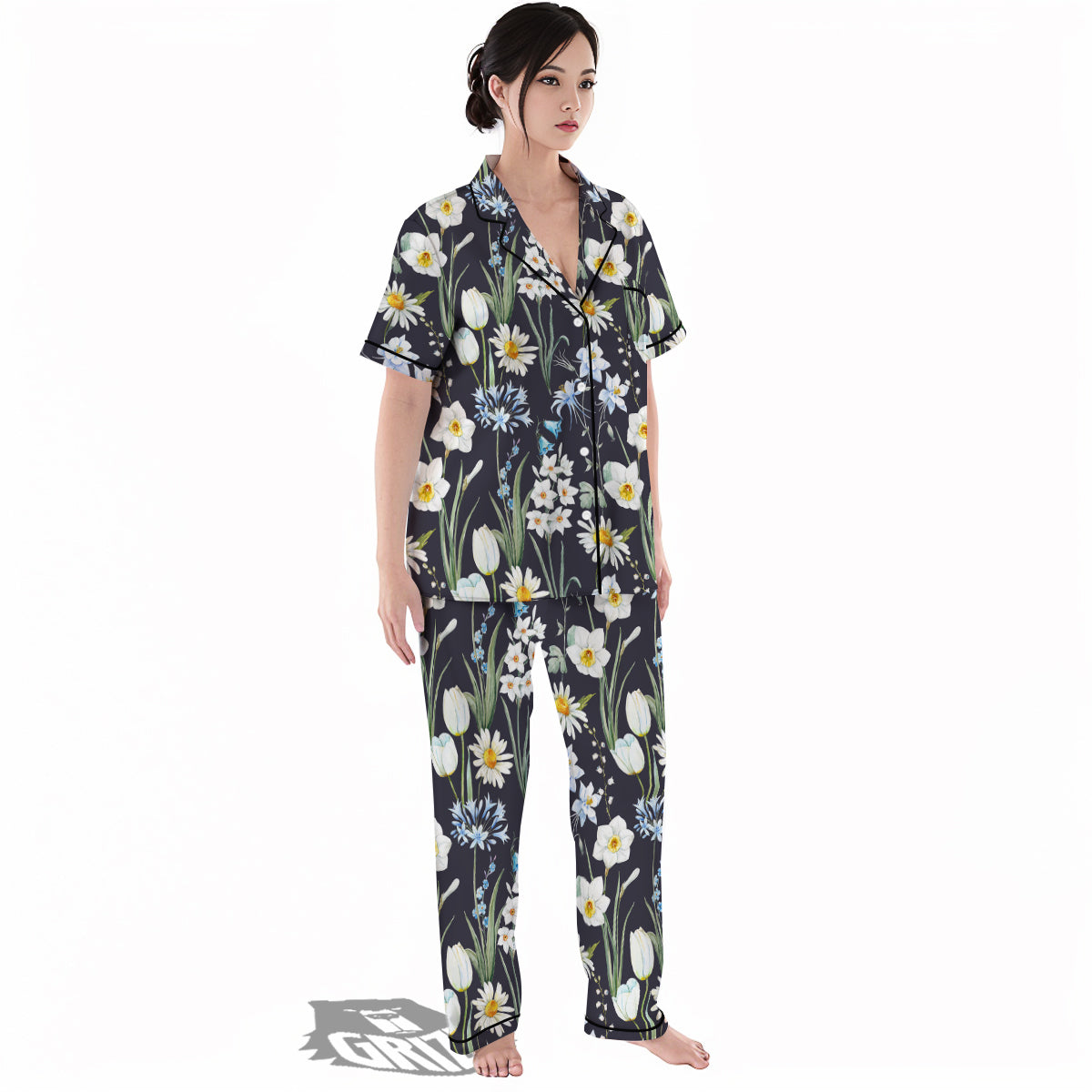 Flower White Daffodil Print Pattern Women's Pajamas Set-grizzshop