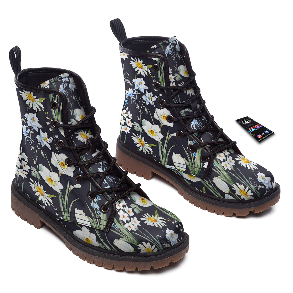 Flower White Daffodil Print Pattern Work Boots-grizzshop