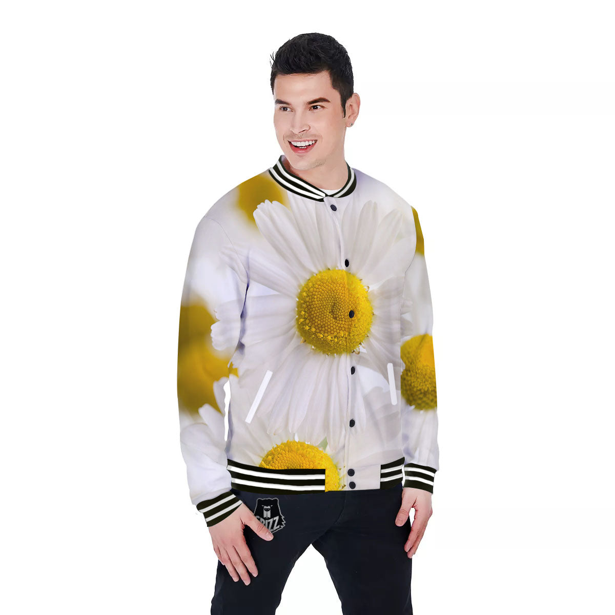 Flower White Daisy Print Baseball Jacket-grizzshop