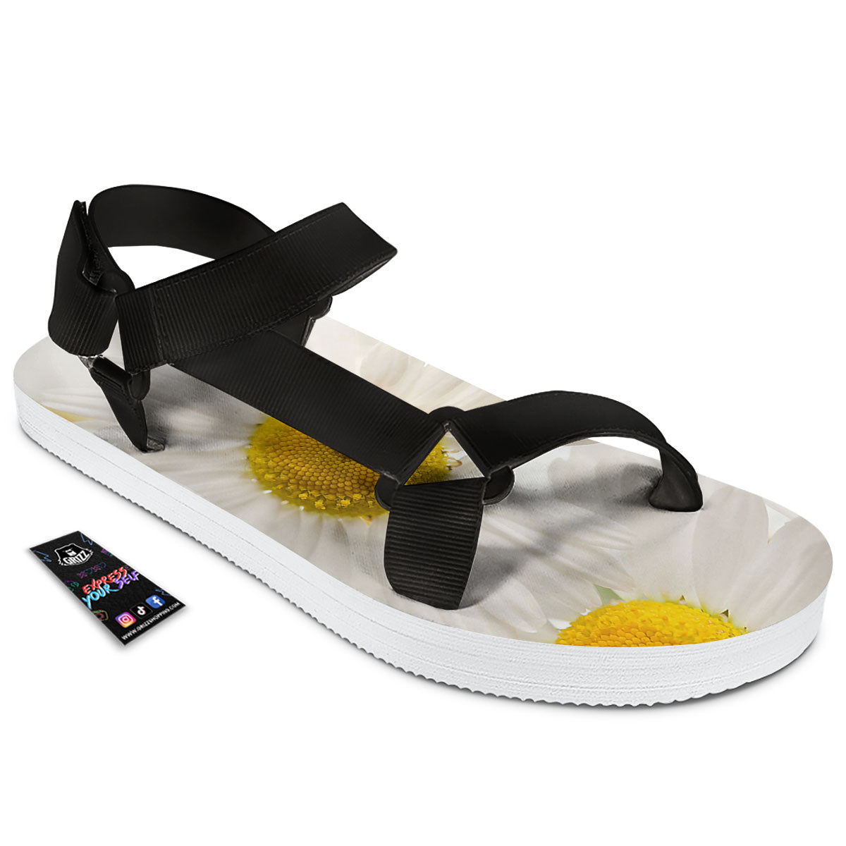 Flower White Daisy Print Black Open Toe Sandals-grizzshop