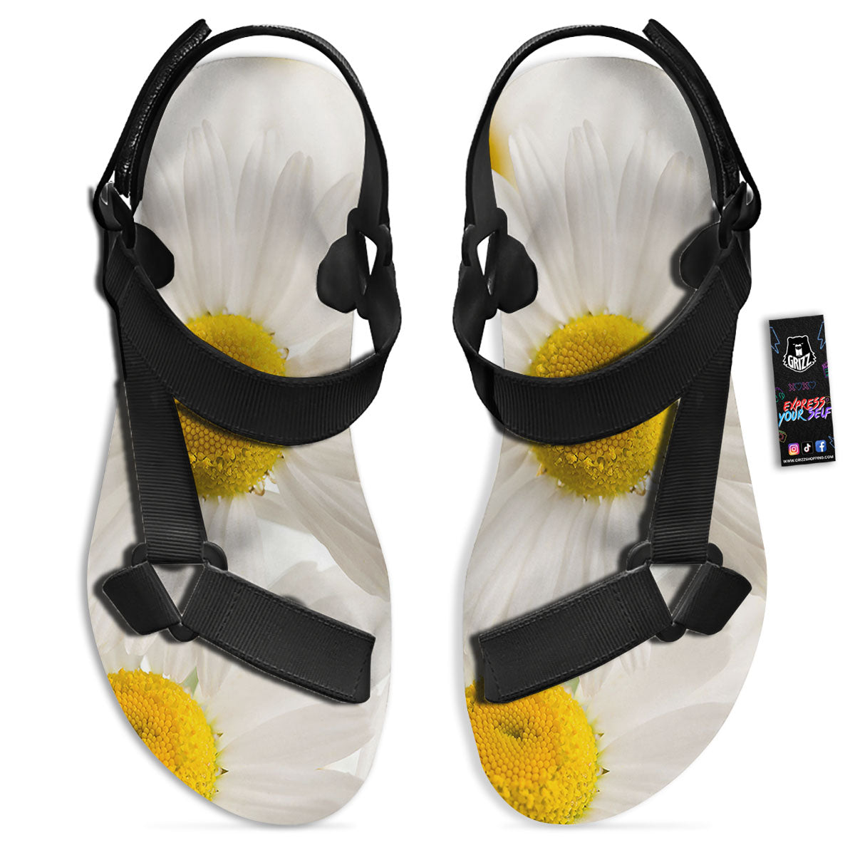 Flower White Daisy Print Black Open Toe Sandals-grizzshop