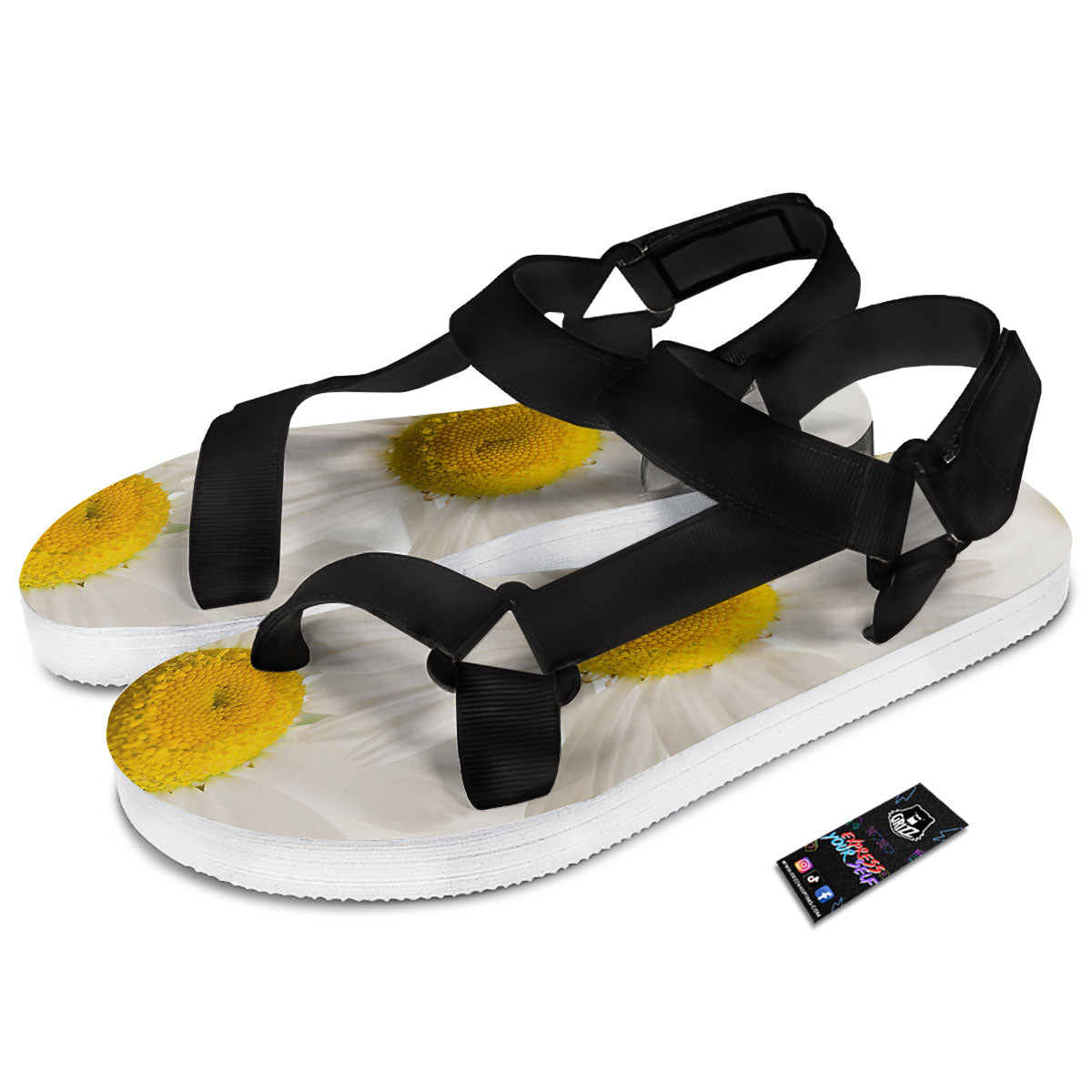 Flower White Daisy Print Black Open Toe Sandals-grizzshop