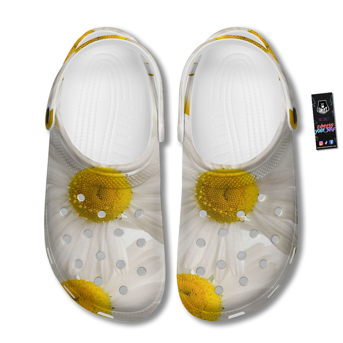 Flower White Daisy Print Clog-grizzshop