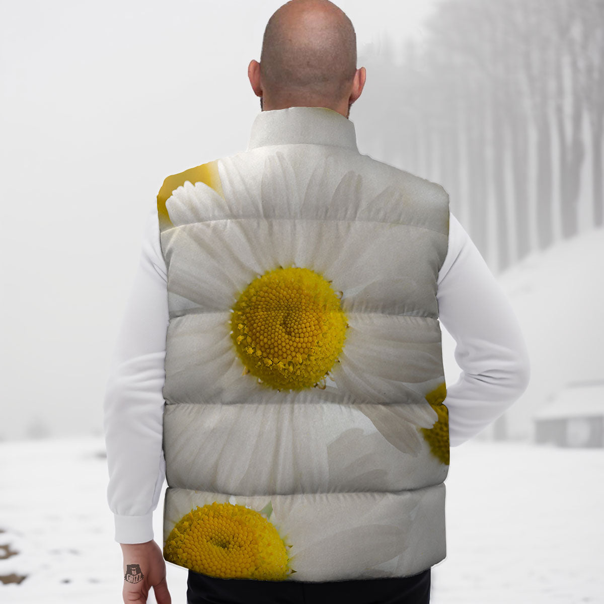 Flower White Daisy Print Down Vest