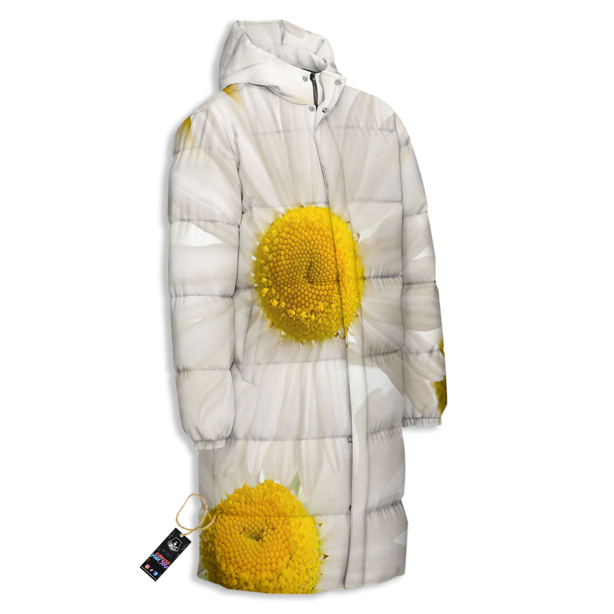 Flower White Daisy Print Long Down Jacket-grizzshop