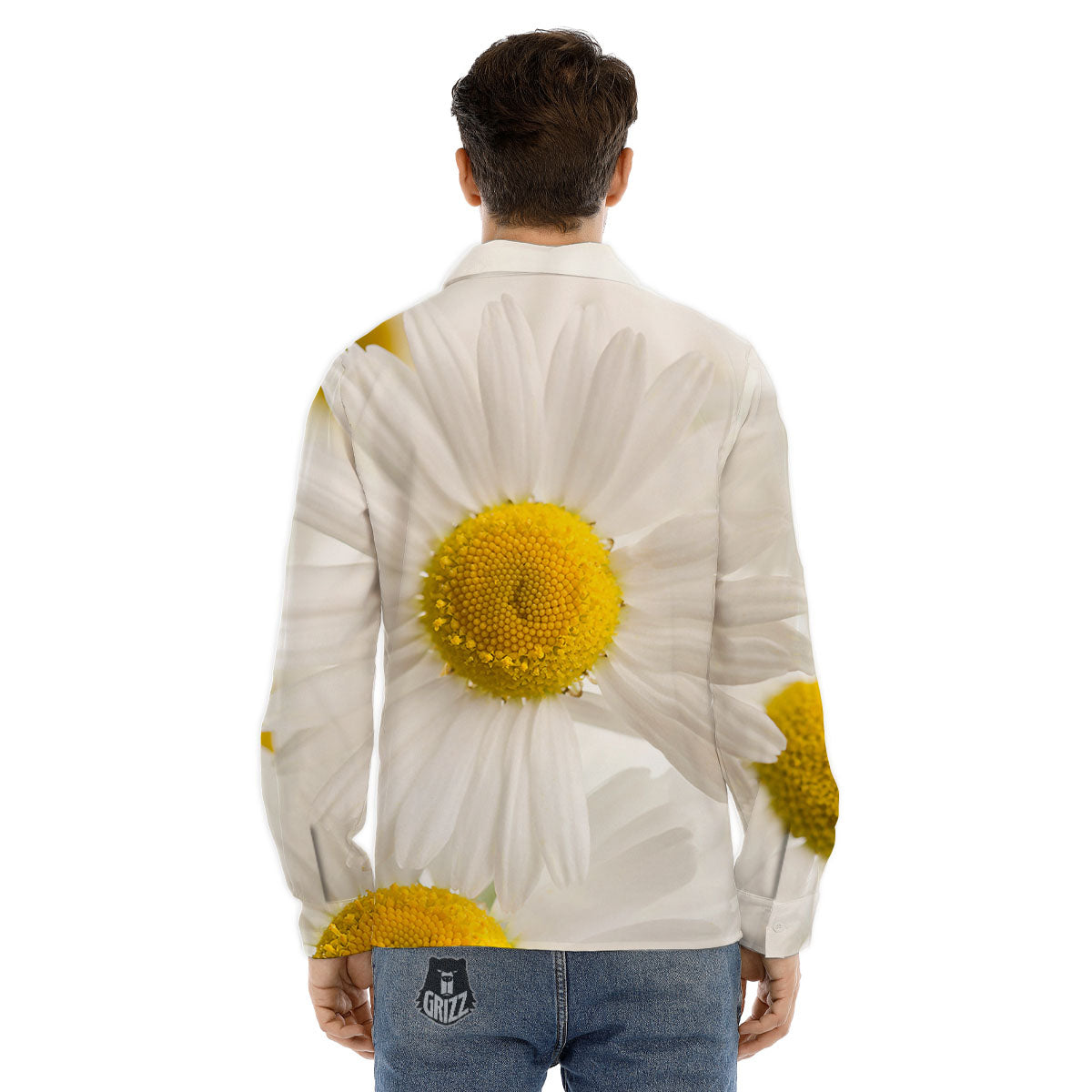 Flower White Daisy Print Men's Dress Shirts-grizzshop