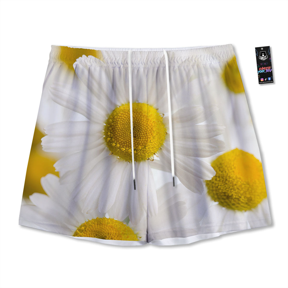 Flower White Daisy Print Mesh Shorts-grizzshop