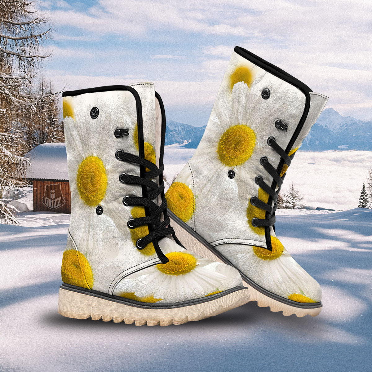 Flower White Daisy Print Snow Boots-grizzshop